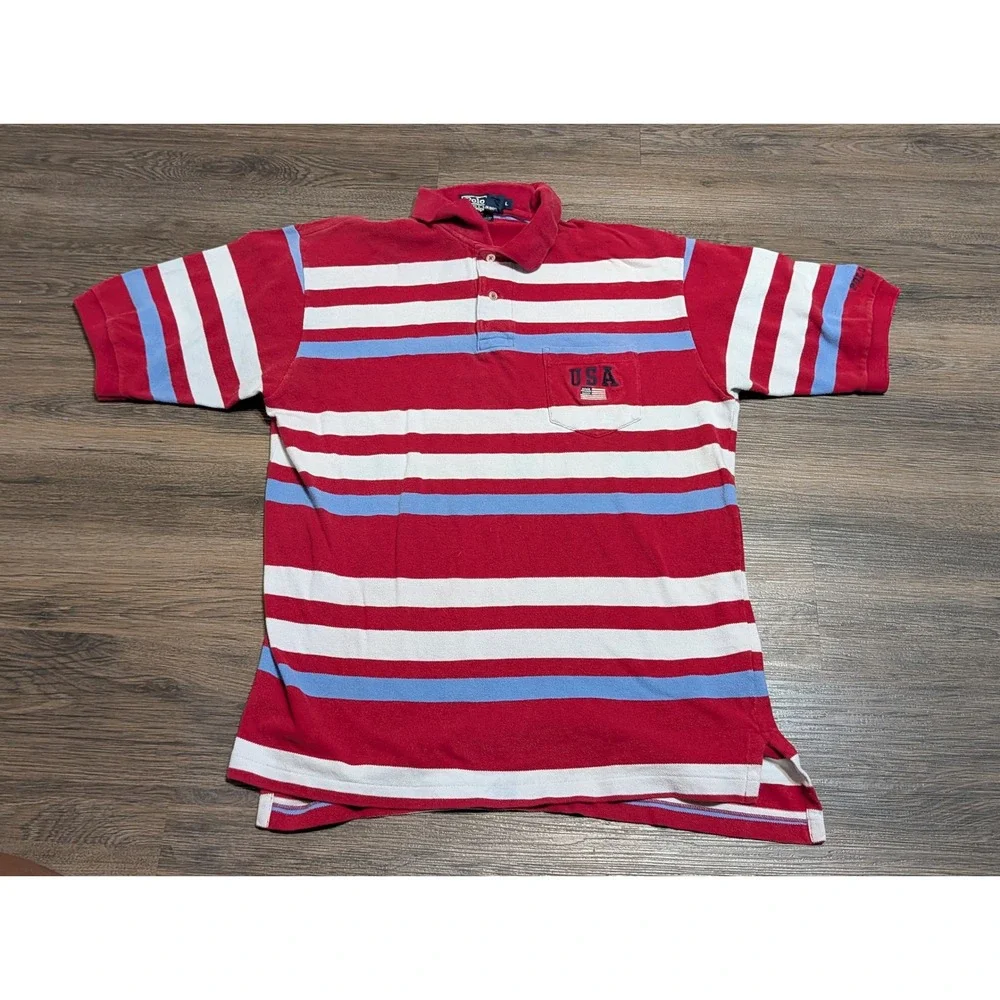 Polo Ralph Lauren Mens Large USA Flag Striped Pocket Polo Shirt Red White Blue